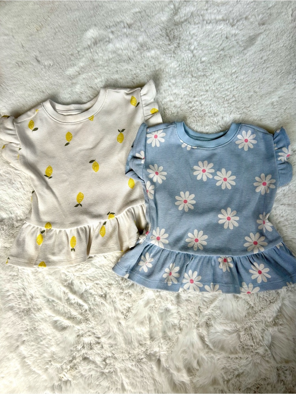 Cat & Jack Girls Lemon & Daisy Print Ruffle Hem Peplum Tops 18 MOS